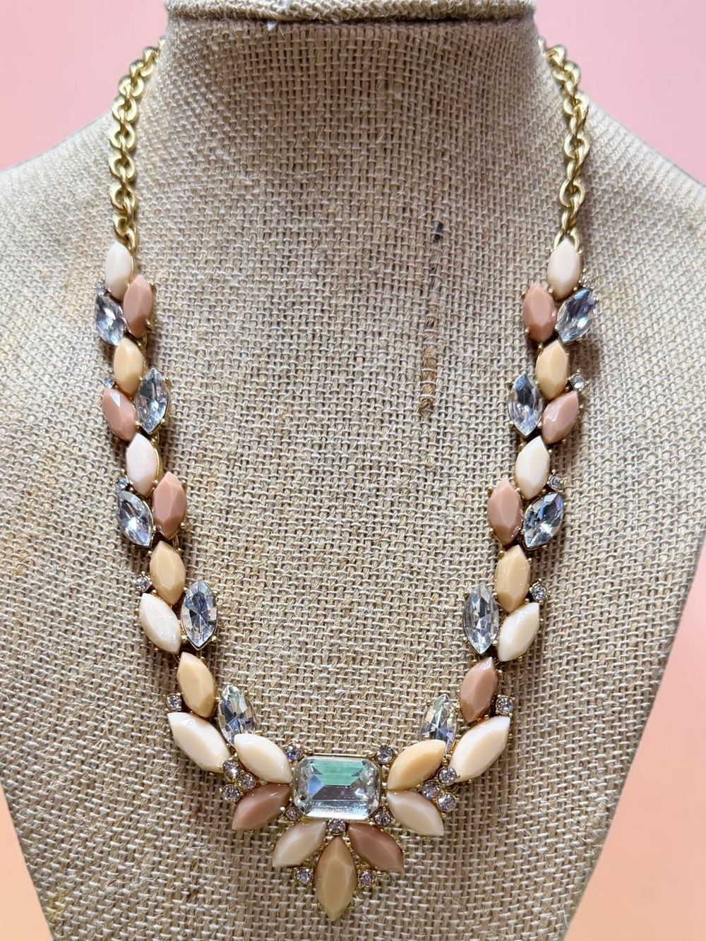 Vintage J. Crew Pastel Pink, Cream & Clear Crystal Statement Necklace